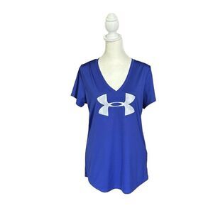 Under Armour Blue V-Neck Gray Camo Logo Active Athletic Short Sleeve Top Large
